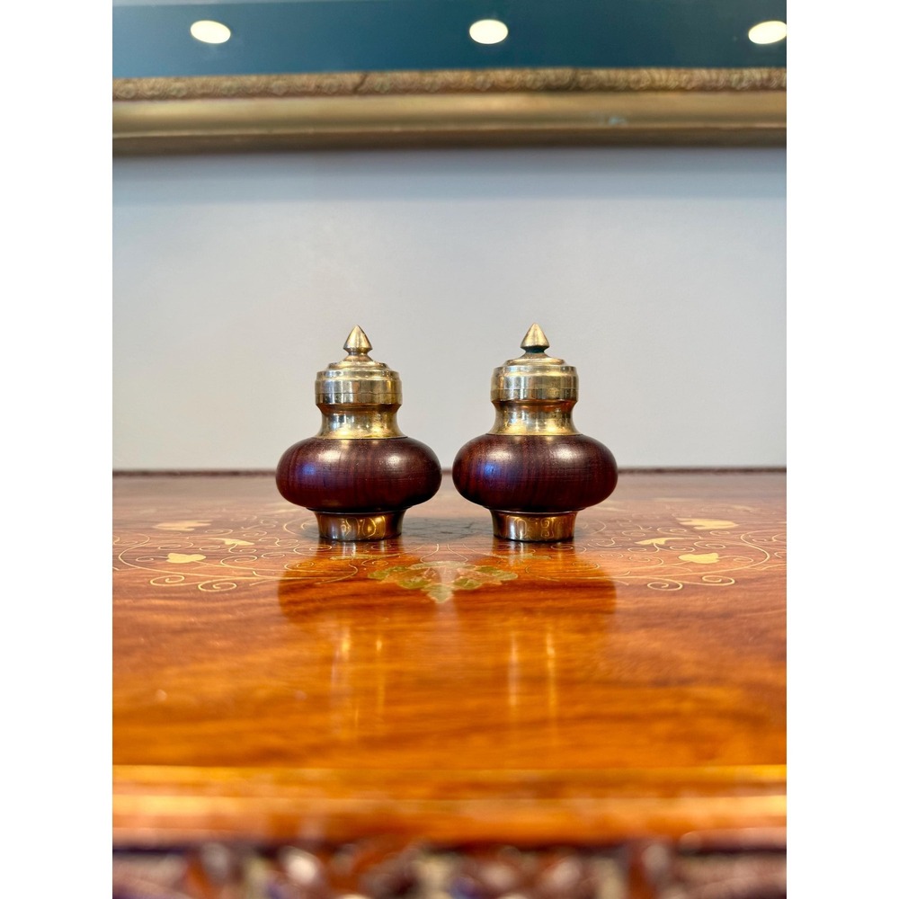 Vintage‎ Brass & Wood Salt and Pepper Shakers • Mid Century Tableware Set